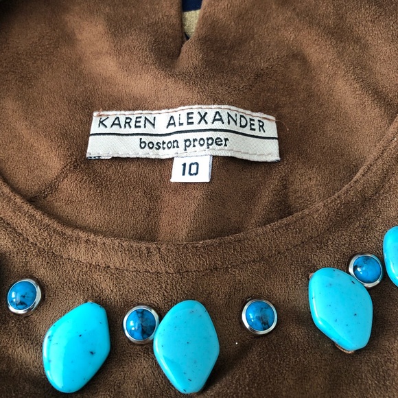 Karen Alexander Boston Proper Brown Suede Dress w/ Turquoise Stones Size 10 - Picture 7 of 14